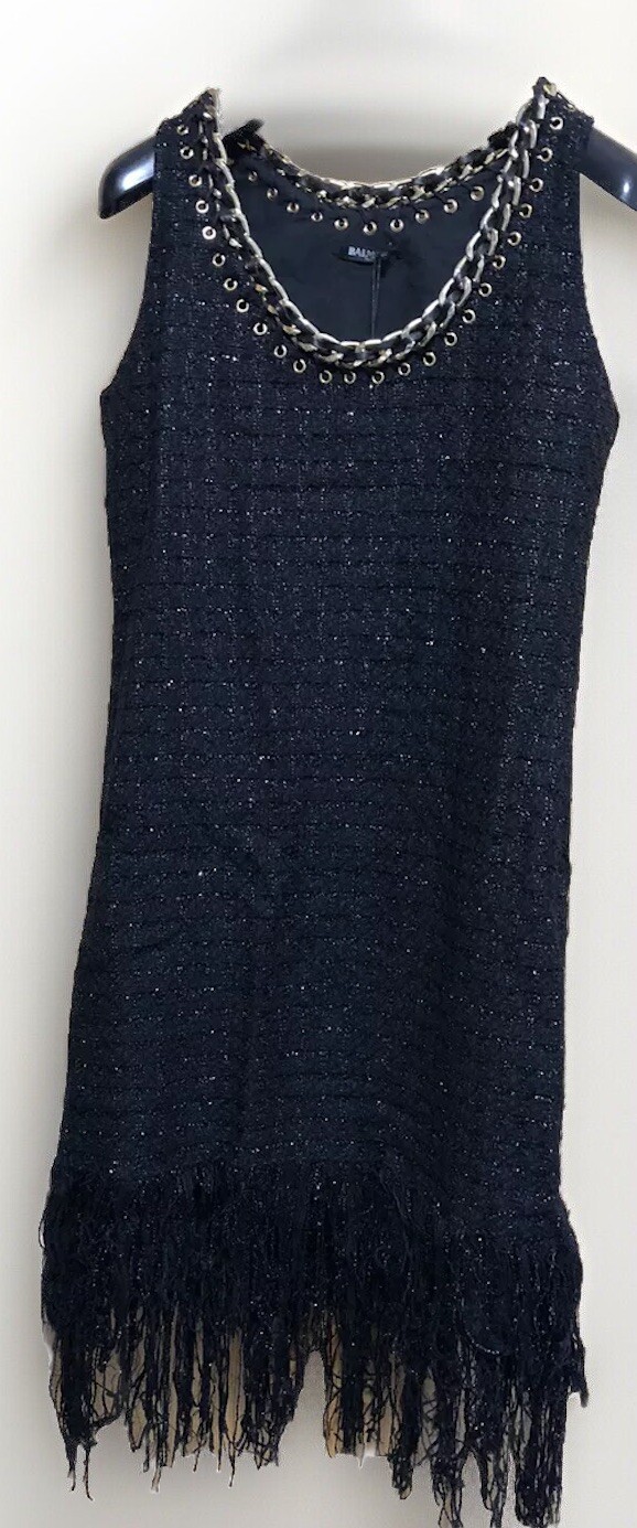 BALMAIN Tweed Fringe Shift Dress 38 M Linen-Blend Chain Trim Black RRP £2,650