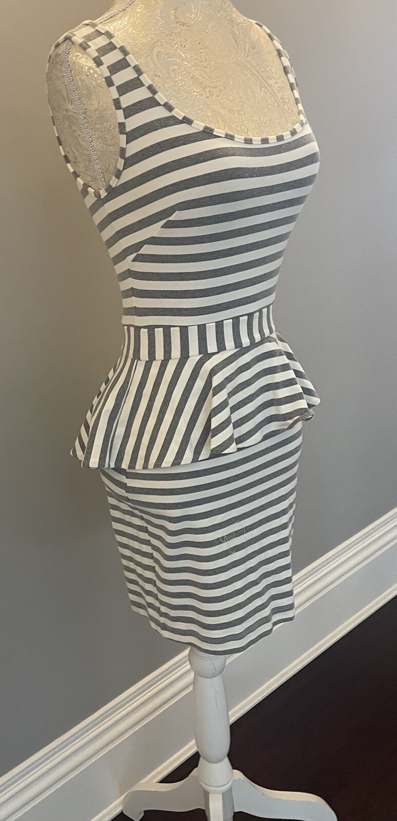 BEBE GREY/WHITE STRIPE Peplum Style Dress w/Back Zip Closures, XS