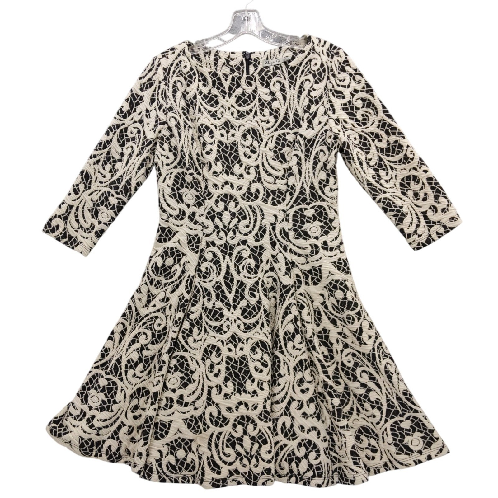 Eliza J Dress Black Beige Lace Pattern Fit & Flare 3/4 Sleeve Women’s Petite 10