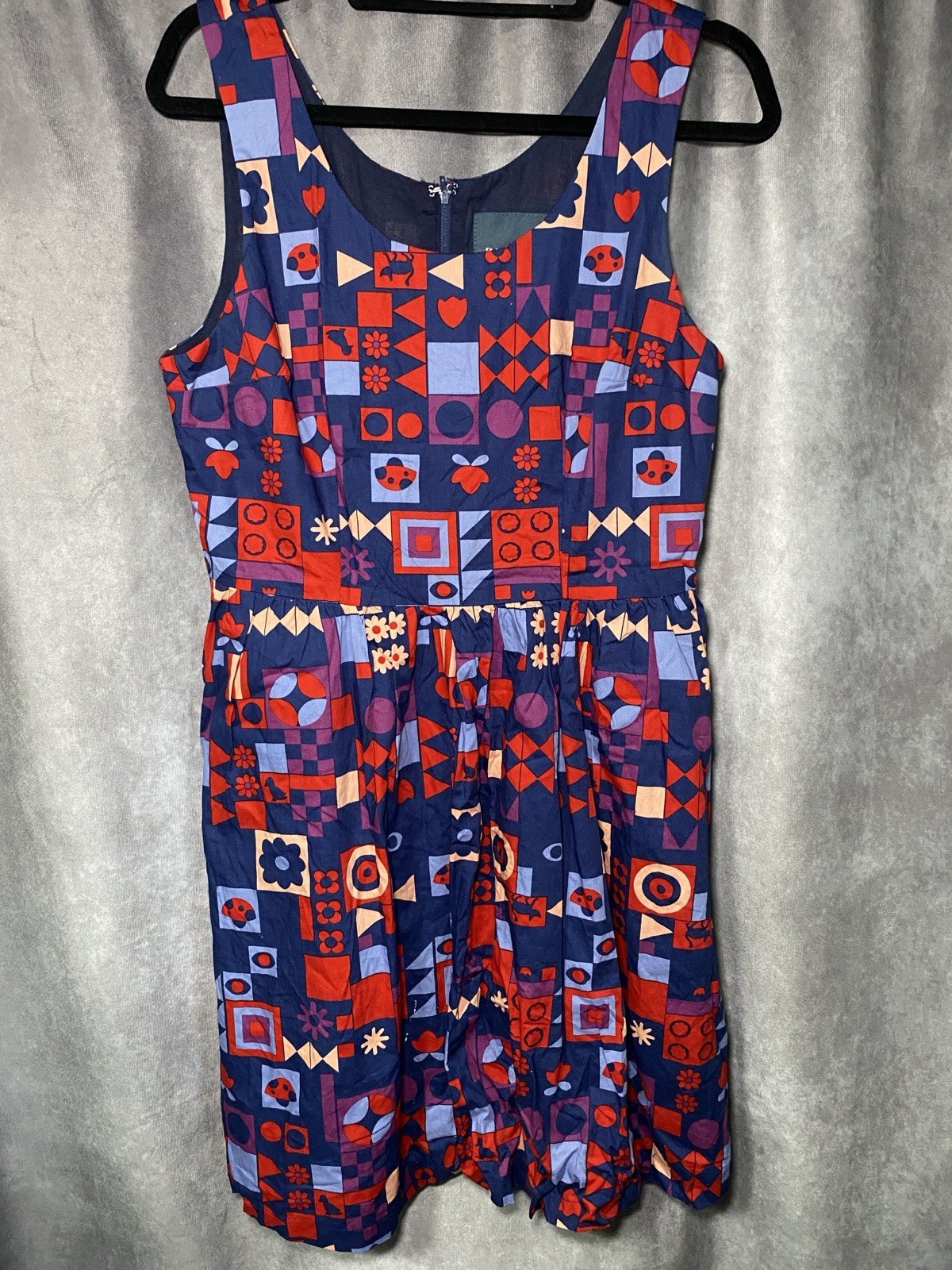 ModCloth Cotton Dress L Red Blue Fit Flare Teacher Retro Geometric Patchwork