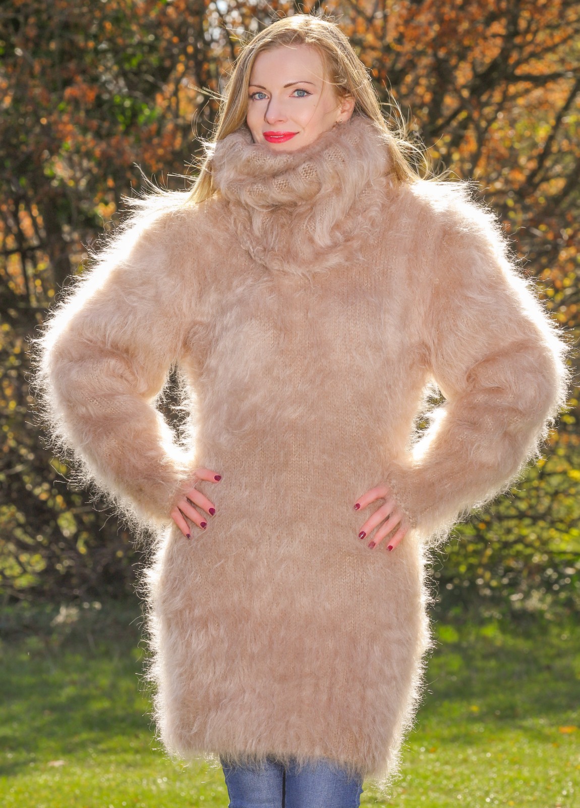 Fuzzy beige mohair dress handmade sweater with extra long turtleneck size L