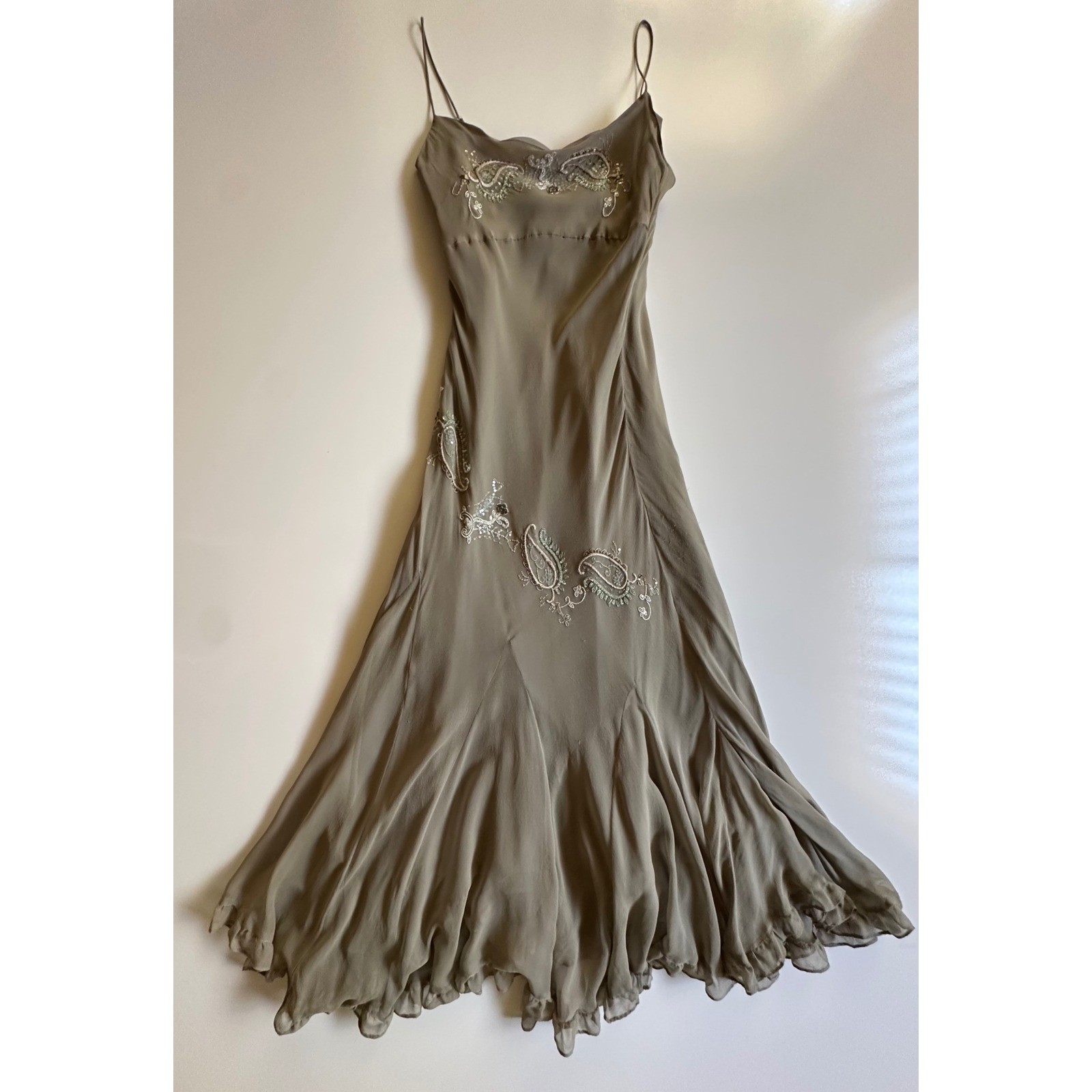 Y2K An’ge Intuition Silk Beaded Paisley Embroidery Slip Dress Sage Green Size XS