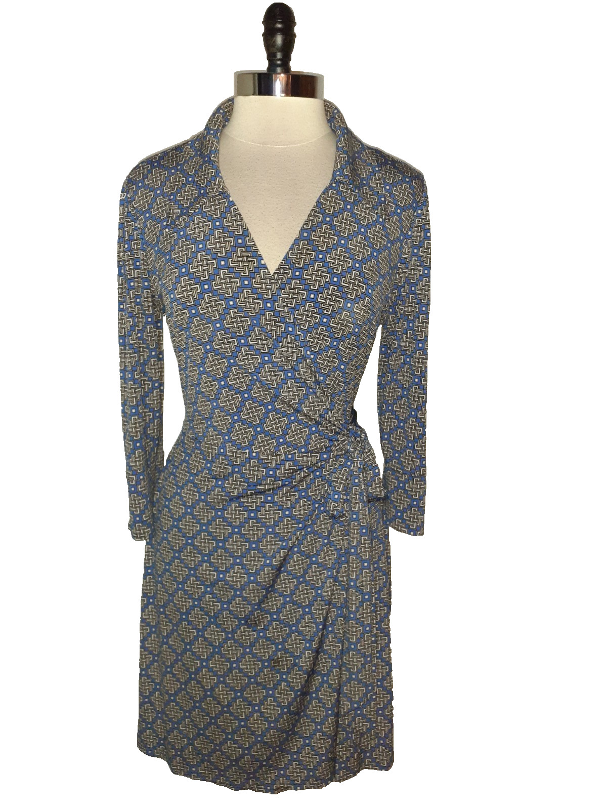 LAUNDRY SHELLI SEGAL Size L Wrap Dress Blue Black Beige 3/4 Sleeve Stretch Knit