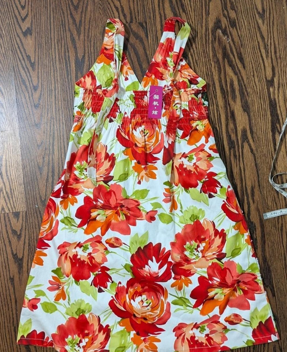 🍊 Vibrant Tropical Floral Halter Mini Summer Sundress w Beaded Embroidery