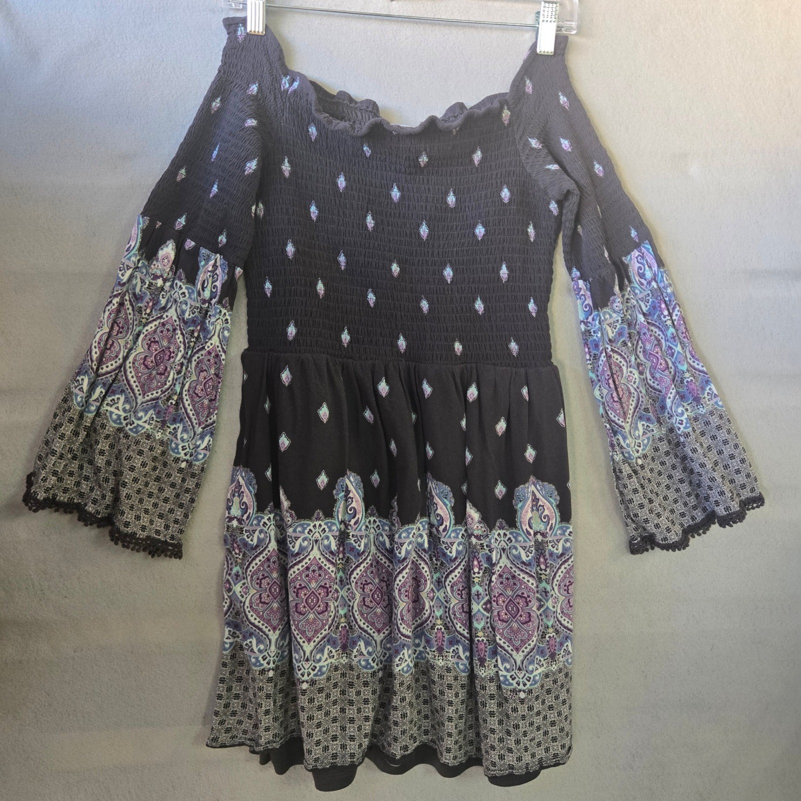 Boho Paisley Smocked Bell Sleeve Mini Dress Purple Black Large Cottagecore