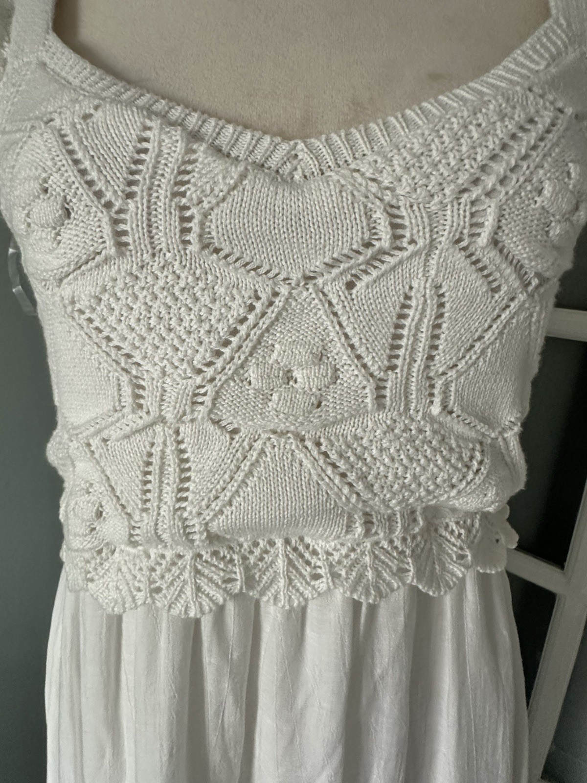 Just Found White Crochet Ruffle Square Neck Sleeveless Maxi Dress Size L