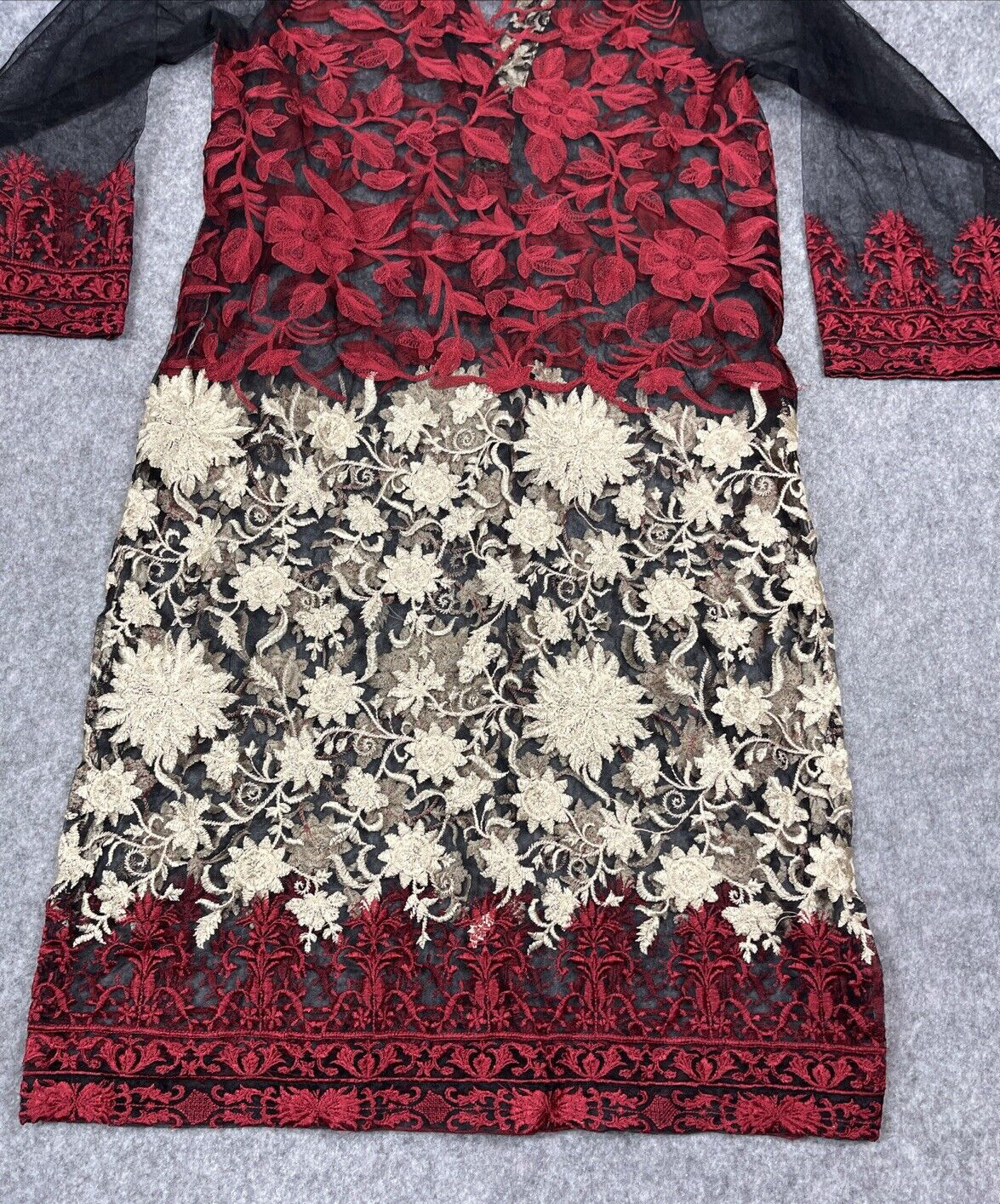 AghaNoor Sheer Overlay Dress Small Embroidered Lace Floral Whimsy Goth Boho Art
