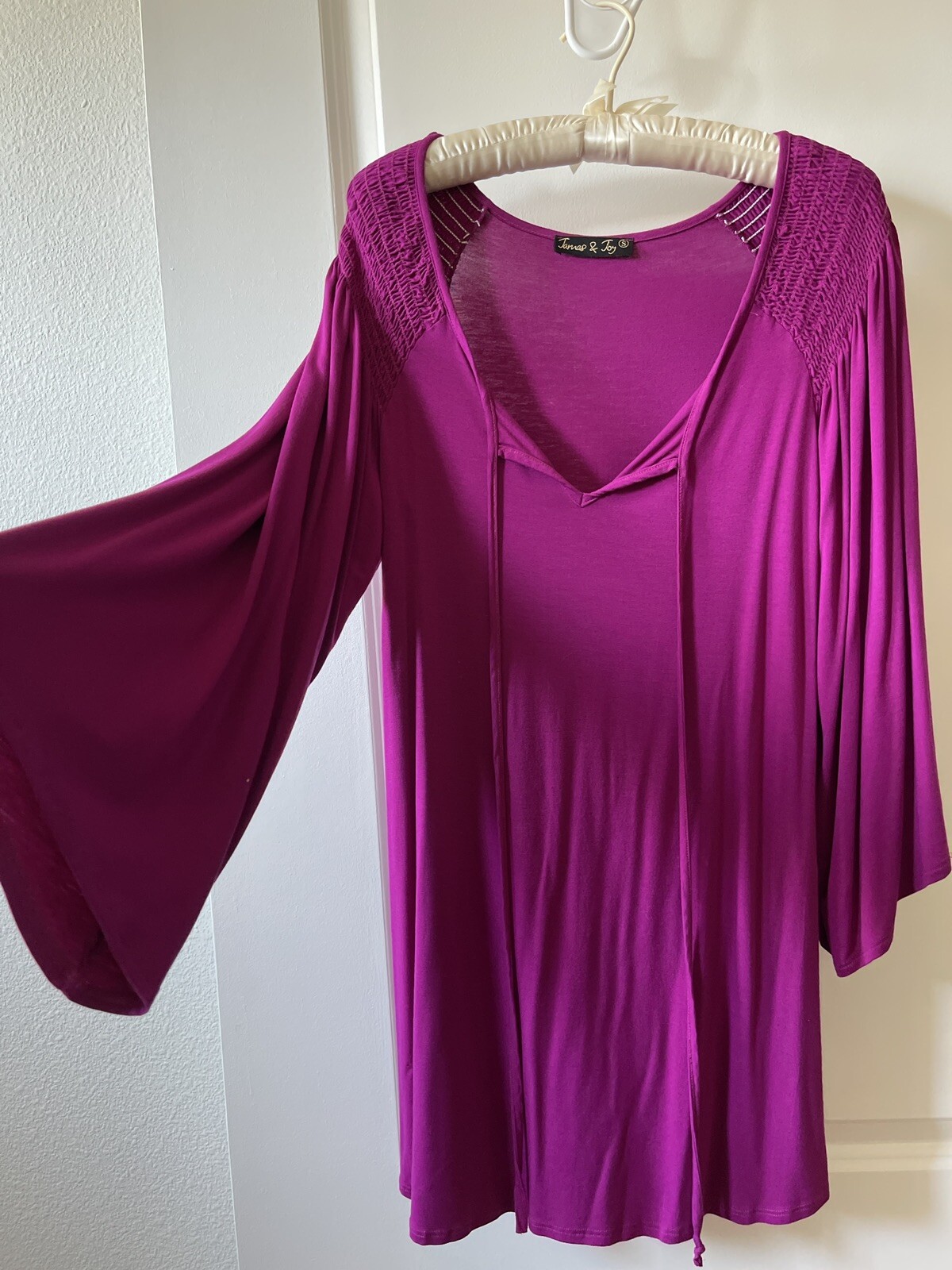 Small Peasant Dress 3/4 Bell Sleeve Empire Waist Gathered Scoop Tie Fuchsia Pink