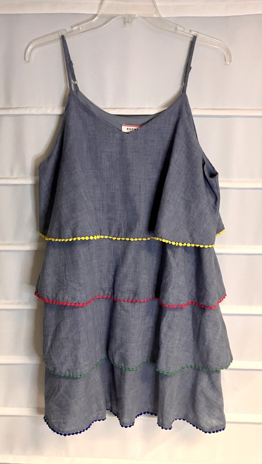 Andre by Unit Blue Ruffled Tiered Polyester Cotton Blend Strappy Dress L NWTS!