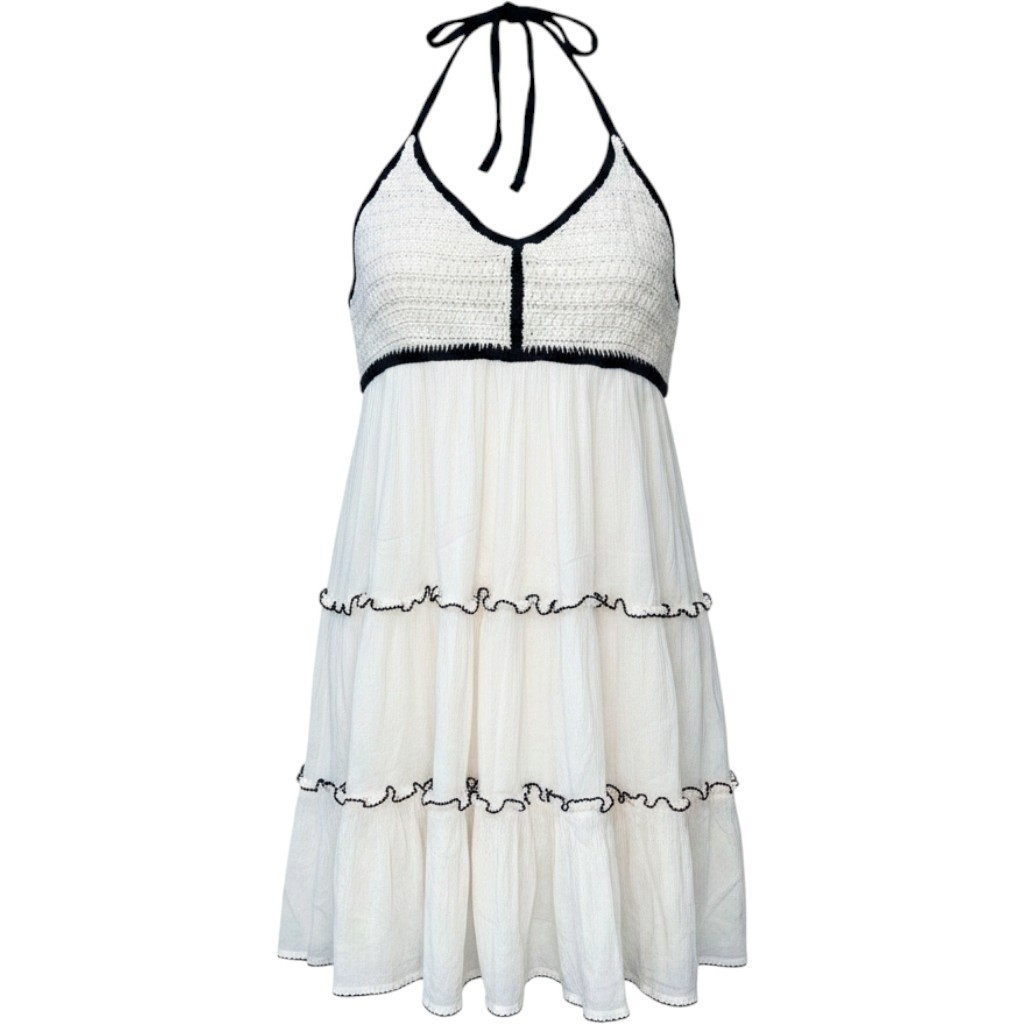 American Eagle Crotchet Boho Mini Dress Tiered Ruffle Halter White Black XXL