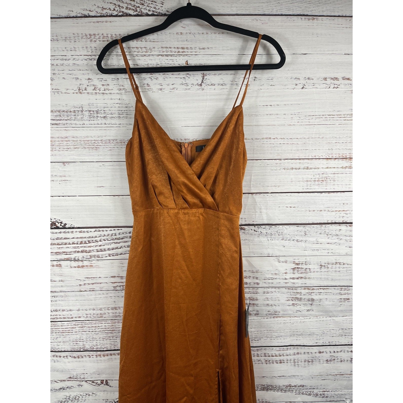 Lulus Dress Womens Extra Small Brown Maxi Spaghetti Strap Side Slit Lined Formal