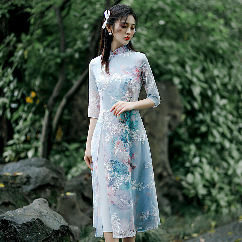 Summer Women Retro Slim Qipao Dress Cheongsam Aodai Chiffon Chinese Style