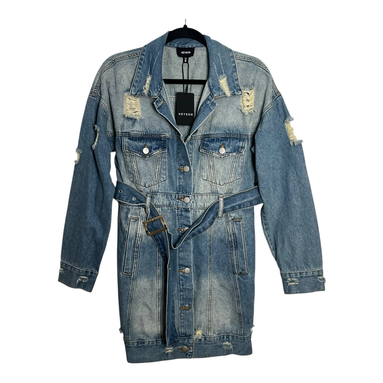 Heyson Womens Distressed Denim Jacket Dress Light Wash Belted DJ1008 Small New