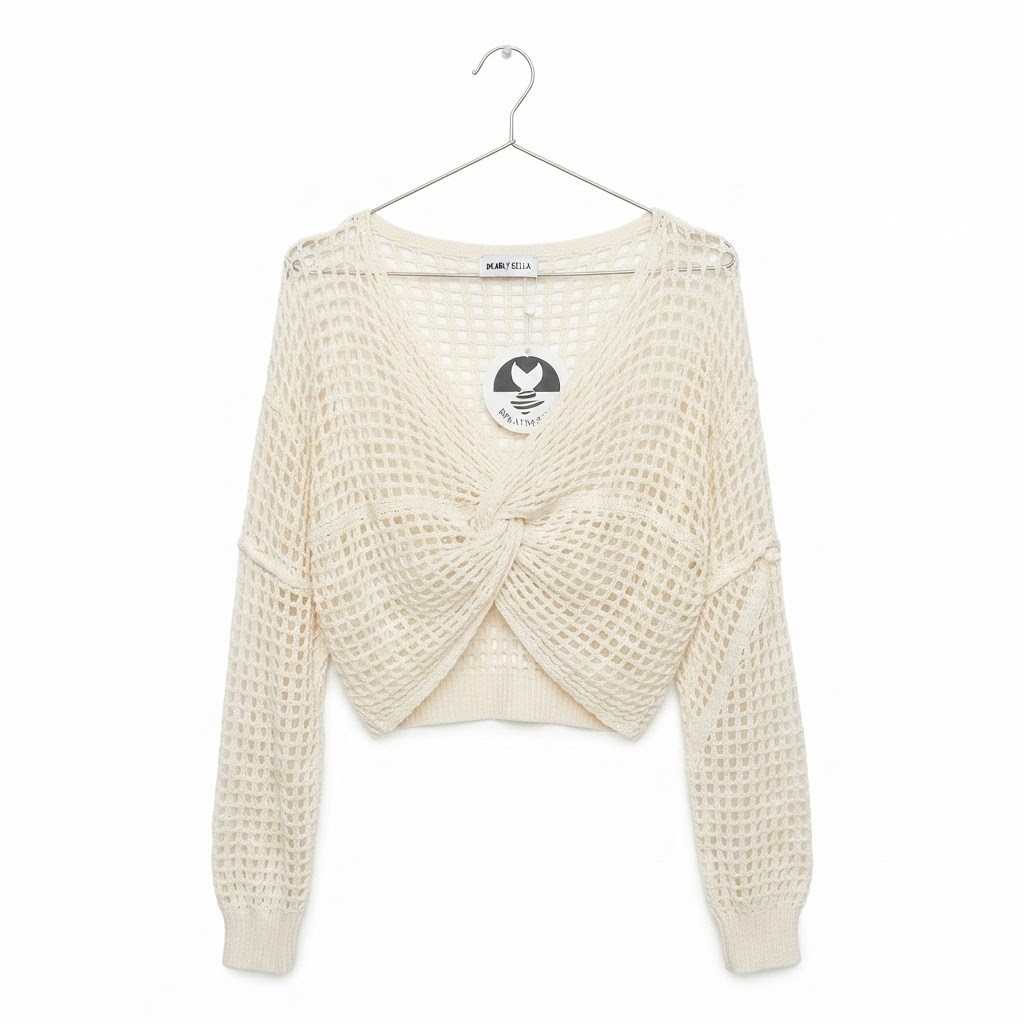 New Breath Sunny Beige Crochet Twist Crop Top Long Sleeve V-Neck Size S