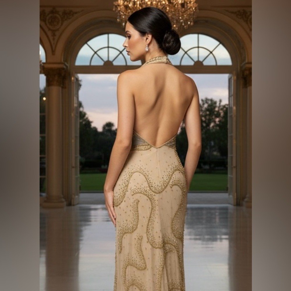 Elegant Handmade Beaded Camisole Evening Gown Gold V-neck Backless Ball Dress
