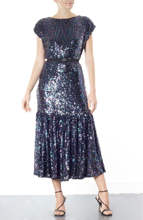 Wolf & Badger Meem Label Drop Waist Sequin Evening Party Midi Kate Dress M UK 14