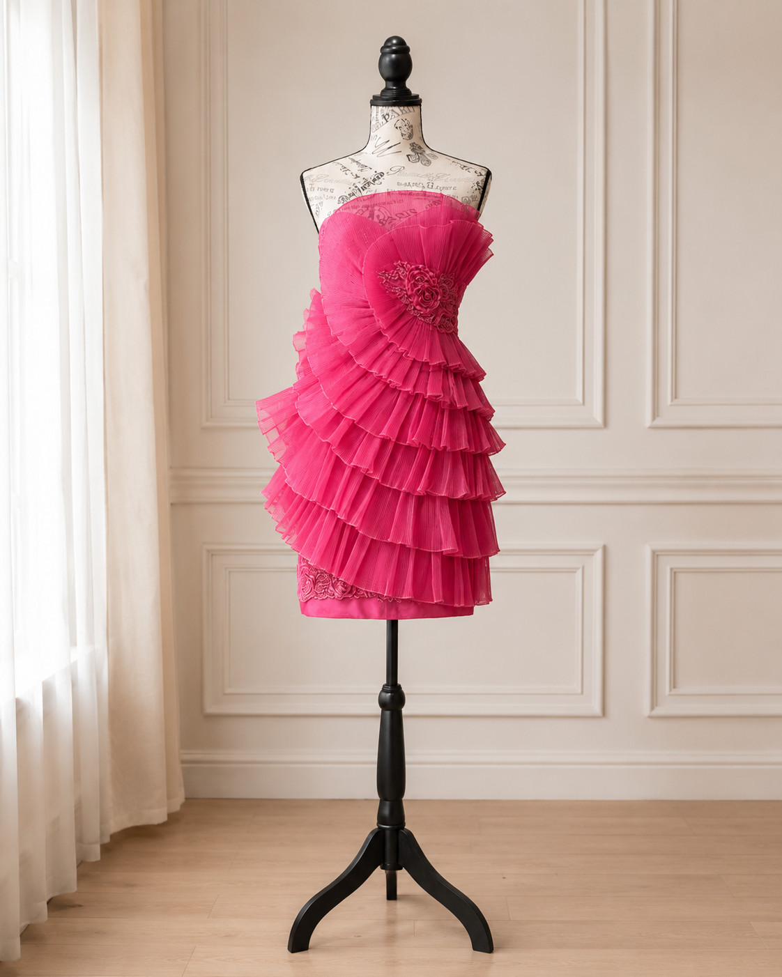 G001 Cinderella Divine Fuchsia Pink Ruffle Rosette Mini Formal Dress Size 4
