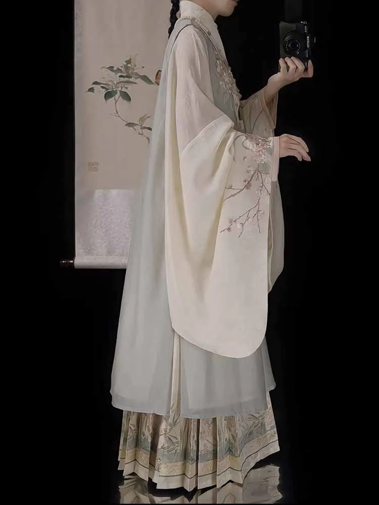 Face Skirt 3pcs Suits Hanfu Chinese Embroidered Green Long Coat Plus Size
