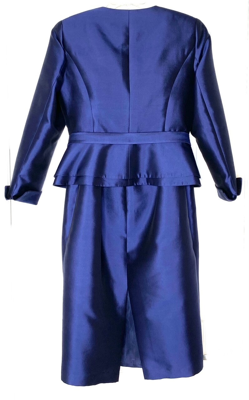 FRASCARA 2pc Navy Blue Silk Wool Faille Dress + Belted Blazer Jacket Set 12 US