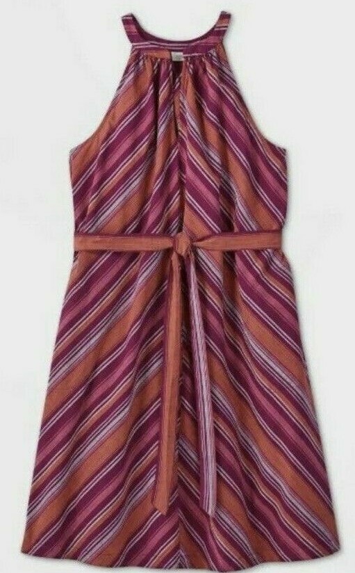 A New Day Women’s Tie Waist Purple Multicolor Striped Sun Dress XS M L XL XXL