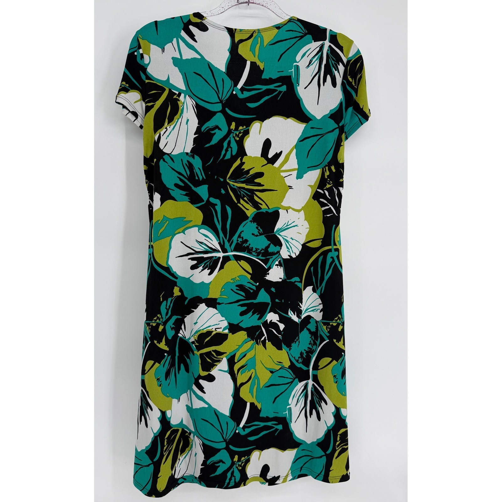 Elementz Petite Womens Tropical Leaf V-Neck Short Sleeve Stretch Dress Sz PL