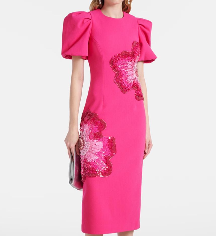 Womens Rose Pink Round Collar Summer Breathable Slim Dress Zipper Sequins Floral