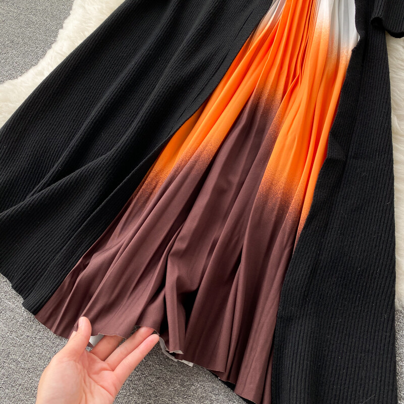 Lady Slim Knitted Midi Dress Pleated Black Long Sleeve Swing Gradient Casual