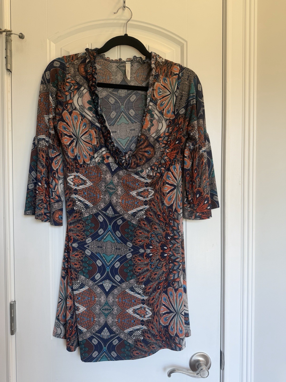 Cezanne Multicolor Paisley V-Neck 3/4 Bell Sleeve Shift Dress Short M