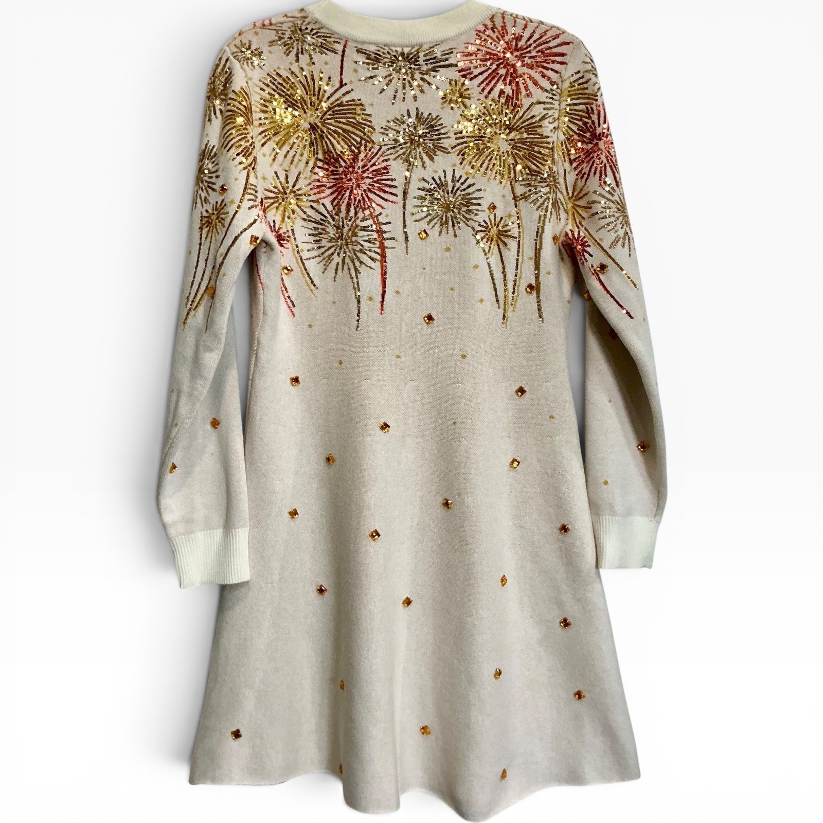 QUEEN OF SPARKLES Cream Sequin Firework Jeweled Sweater Mini Dress New M Rare