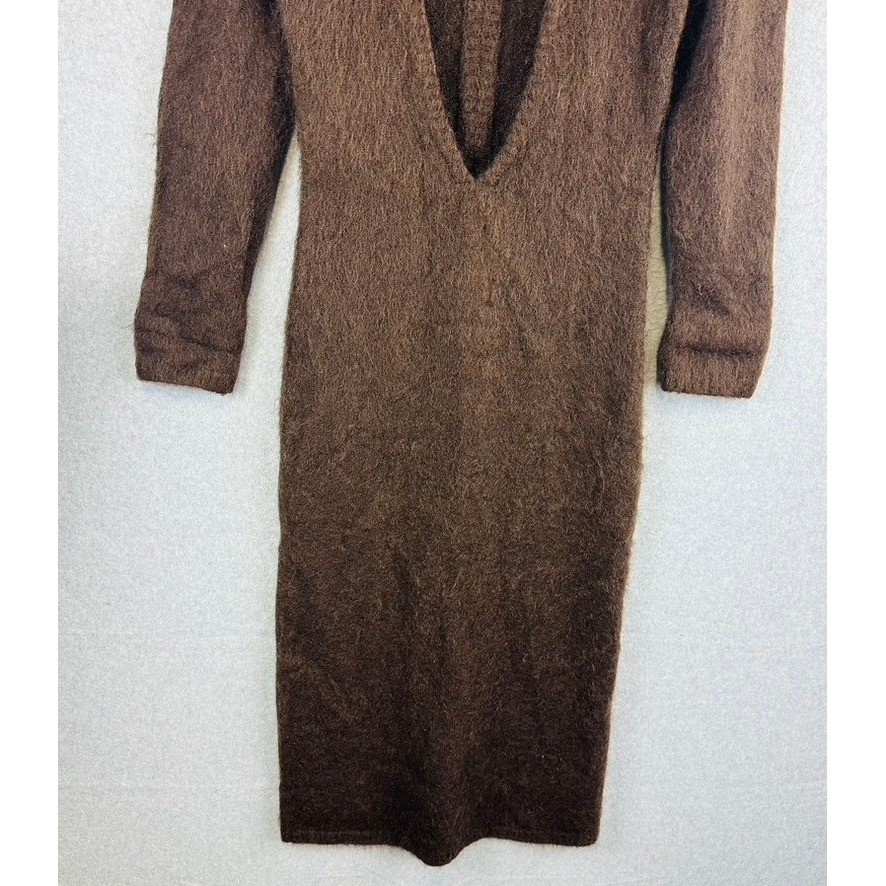 H&M Premium Womans Medium Dress Open-Back Mohair-Blend Dark Brown V-Neck