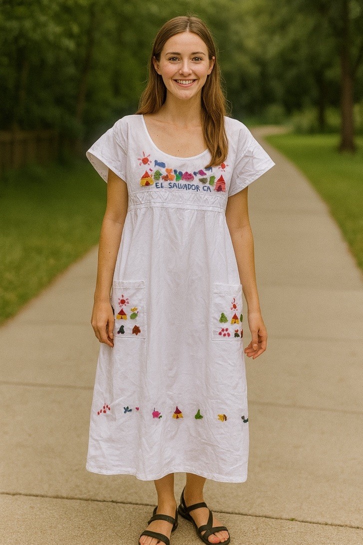 El Salvador Handmade Embroidered White Cotton Dress Folk Art Boho Festival M