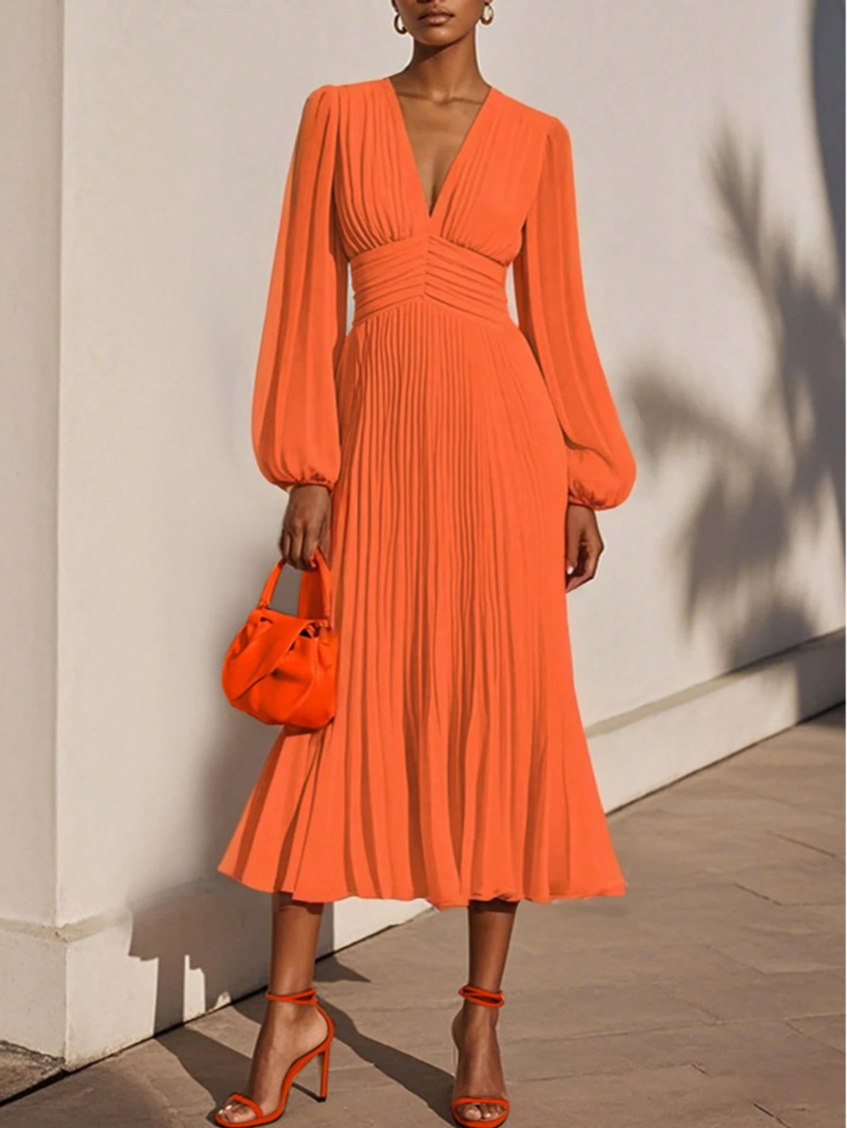 Women’s Elegant Long Sleeve V Neck Dress in Coral Orange
