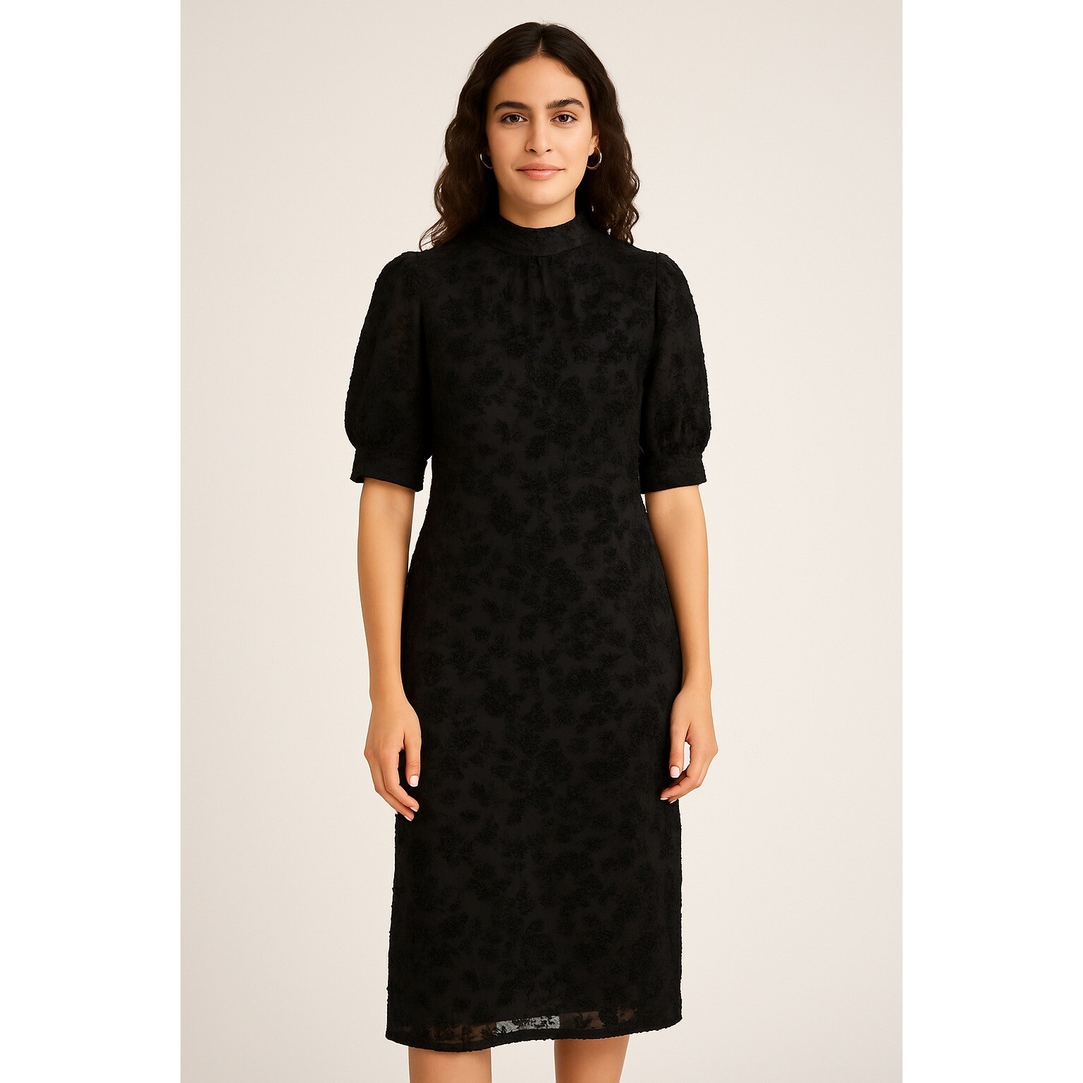 Aware by Vero Moda Black Floral Burnout Mock Neck Dress Puff Sleeve XS