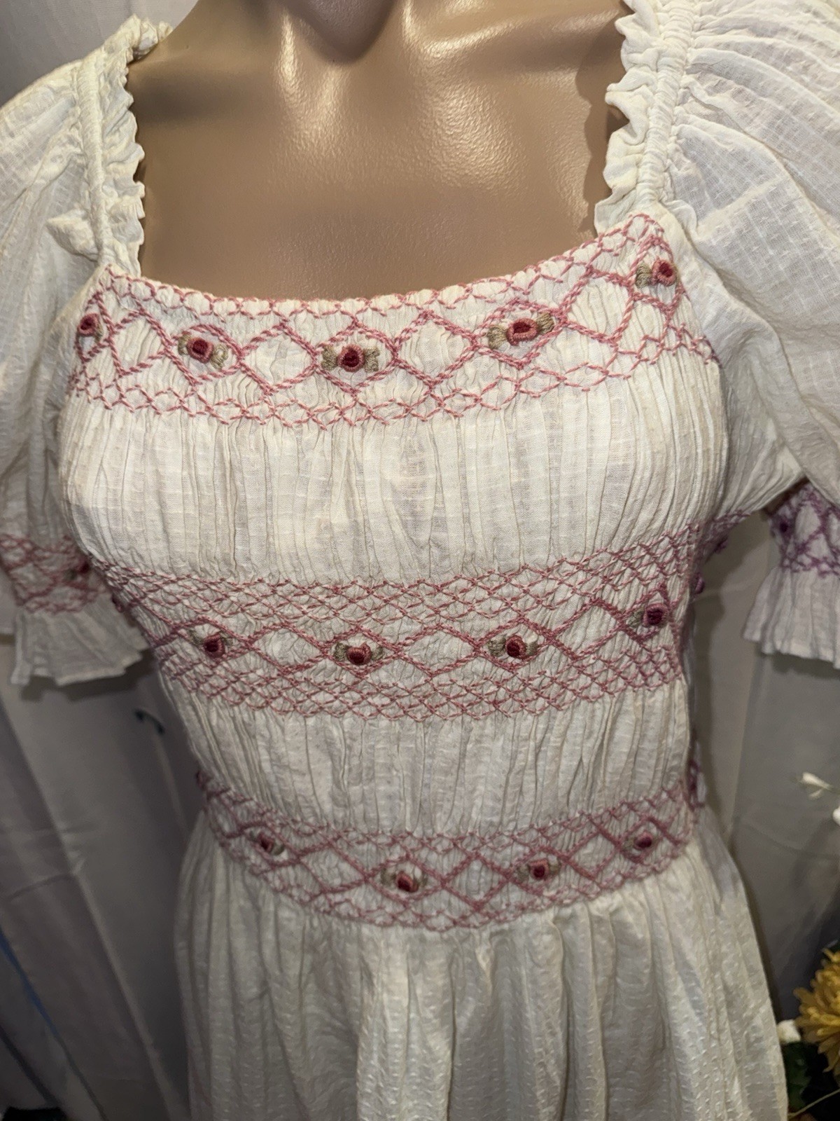 Ivy City Co. Embroidered Smocked Midi Dress Medium Ivory Romantic Cottagecore