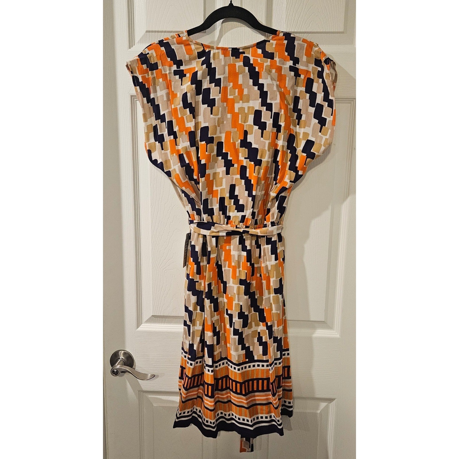 Presley Skye 100% Silk Dress Large Belted Pockets Geometric Print Navy Orange