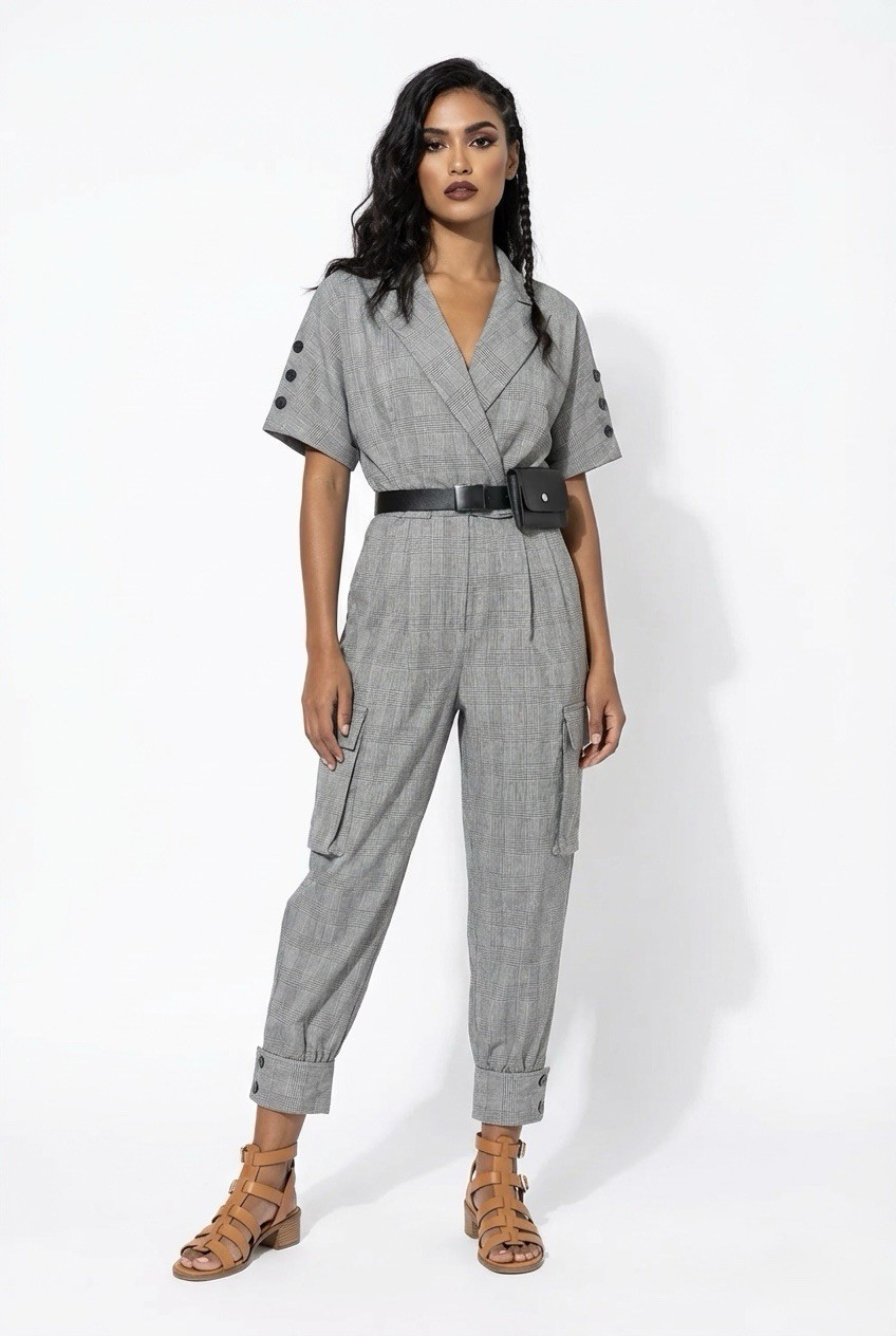 Grey Petite Urban Vtg 80’s Iconic Boss Jumpsuit Trousers Belt High Waist 8