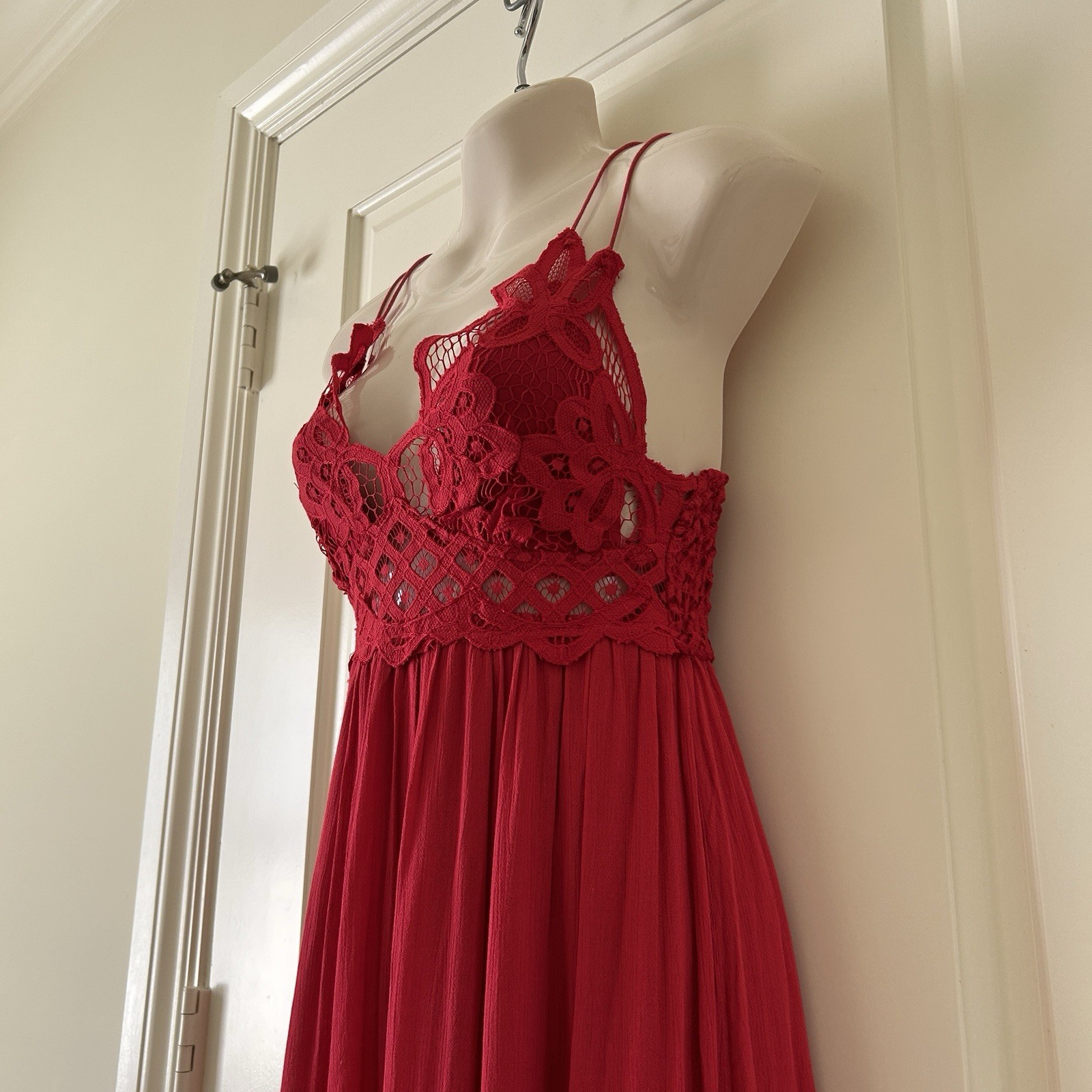FREE PEOPLE “Adella” Maxi Slip Dress With Lace Top, Bright Red, Size XS, NEW