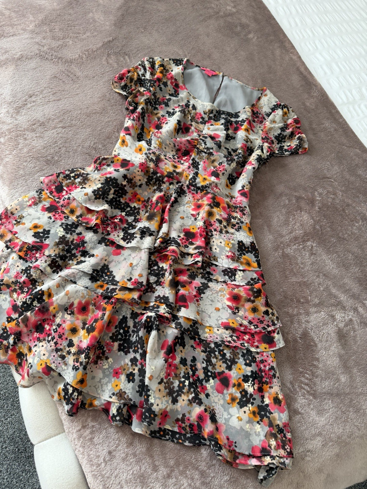Monsoon Fusion Floral Tiered Ruffle Dress UK 8 US 4 Short Sleeve Summer Chiffon