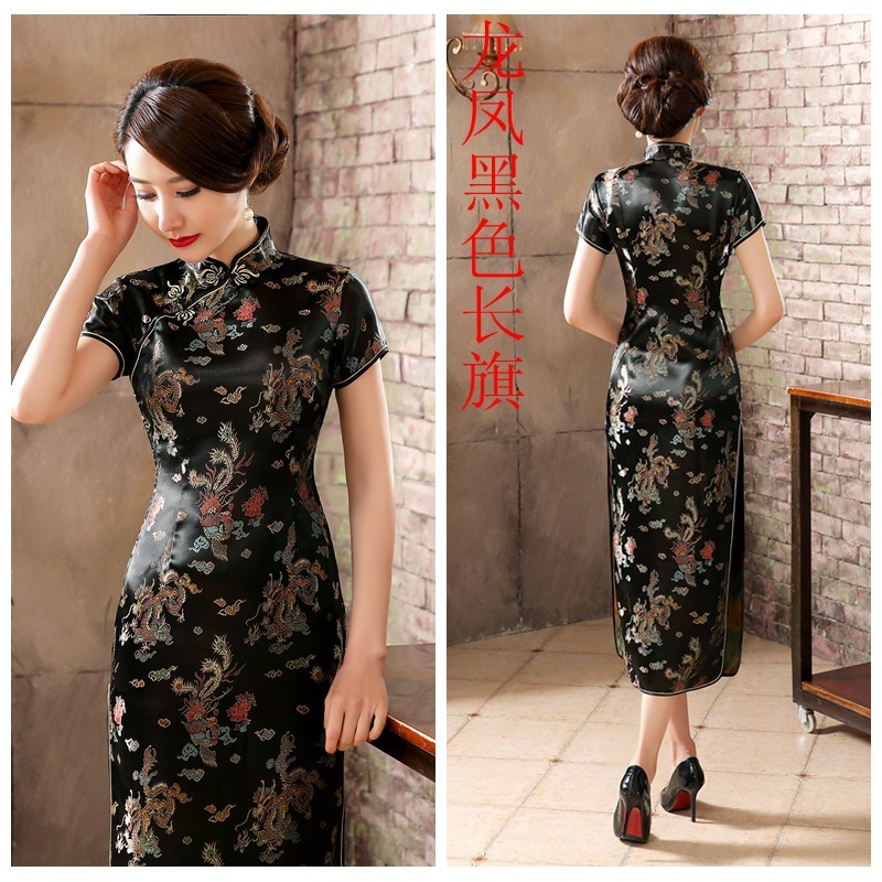 Dragon Phoenix Women’s Silk Satin Long Dress Cheongsam Qipao SZ S-6XL Blacks