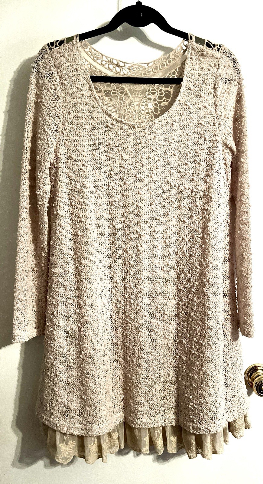 Altar’d State Long Sleeve Crochet Sweater Dress with Lace Hem-Size M