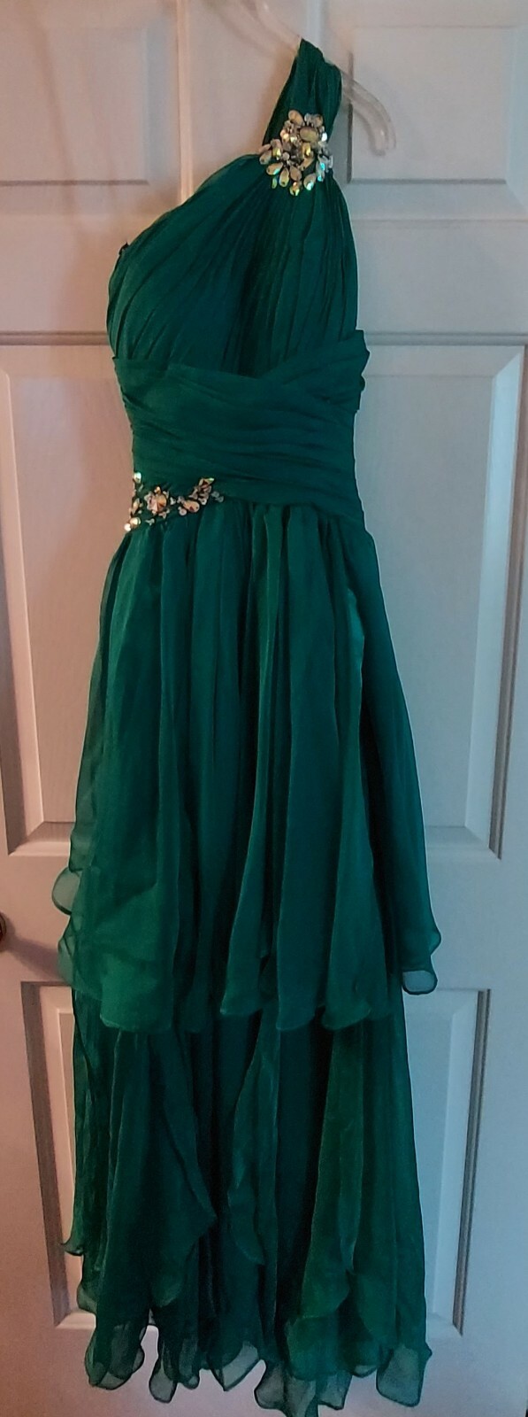 NEW Emerald Green Rouched Asymmetrical Formal Dress With Jeweled Shoulder/Waist