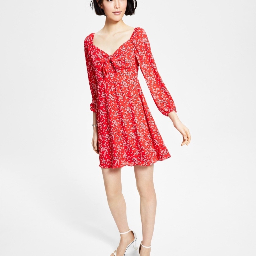 Bar III Red Mini Dress with Sweetheart Neckline and Bishop Sleeves