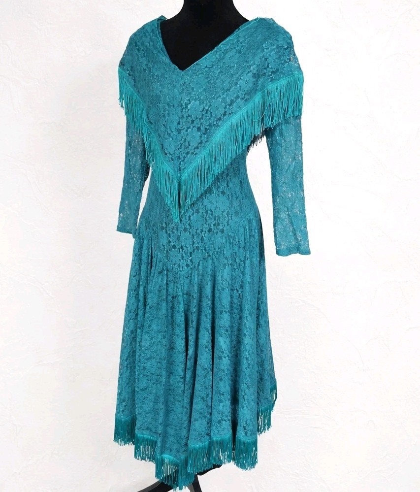Vintage Western Collection Dress Sz 12 Rodeo Lace Fringe Teal Turqoise Prairie