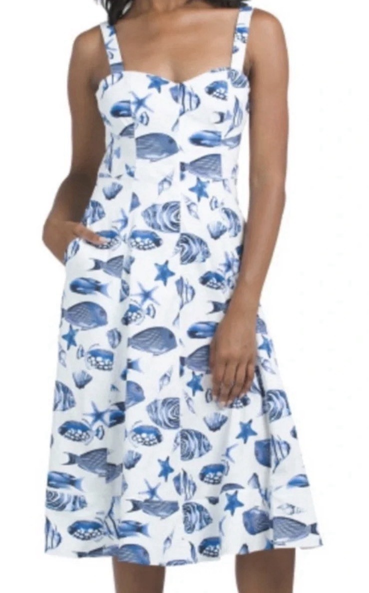 Avec Les Filles Women’s Fish Shells Print Corset Dress-Blue Marina, Size-6