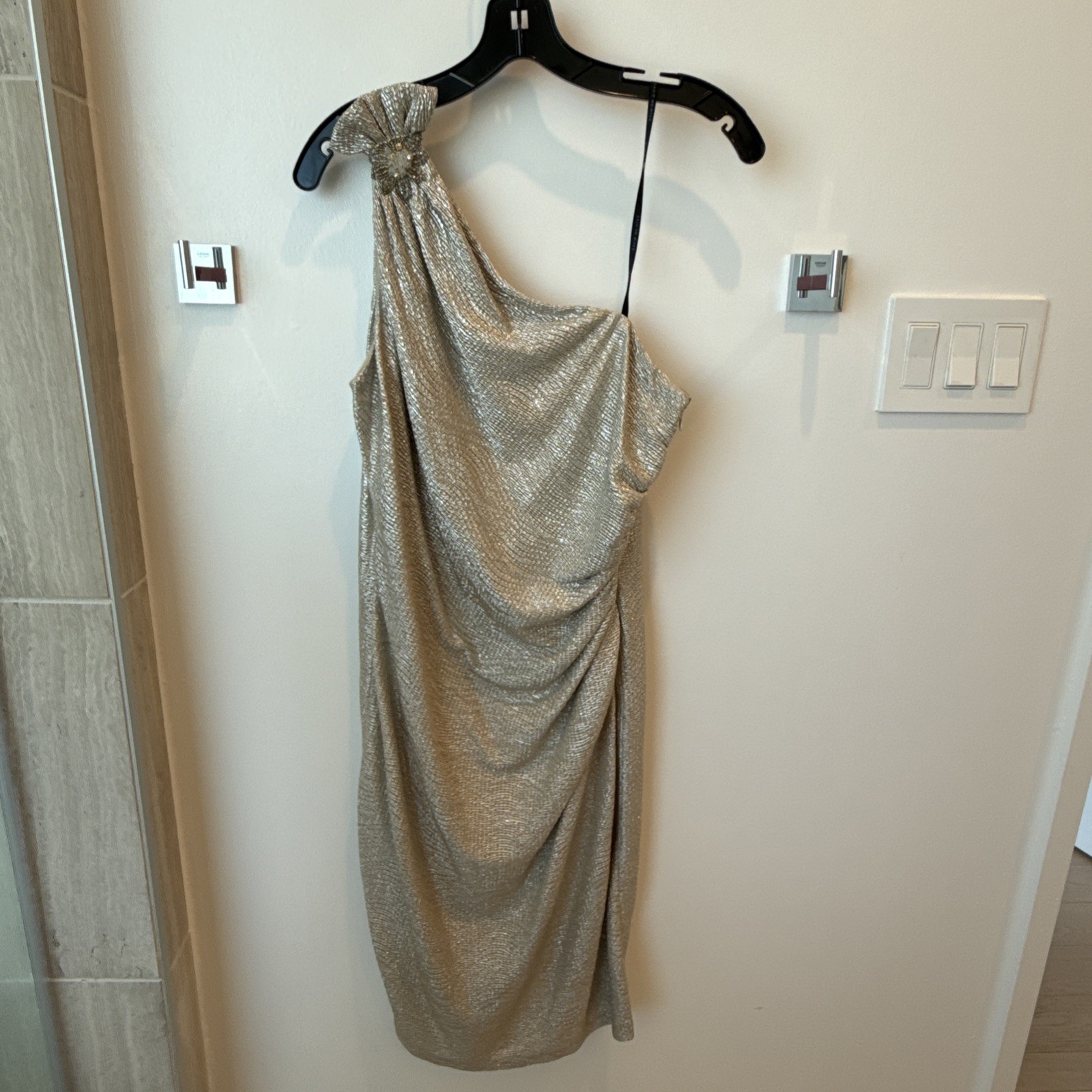 David Meister Women’s Silver Metallic Beaded One Shoulder Dress Size 12