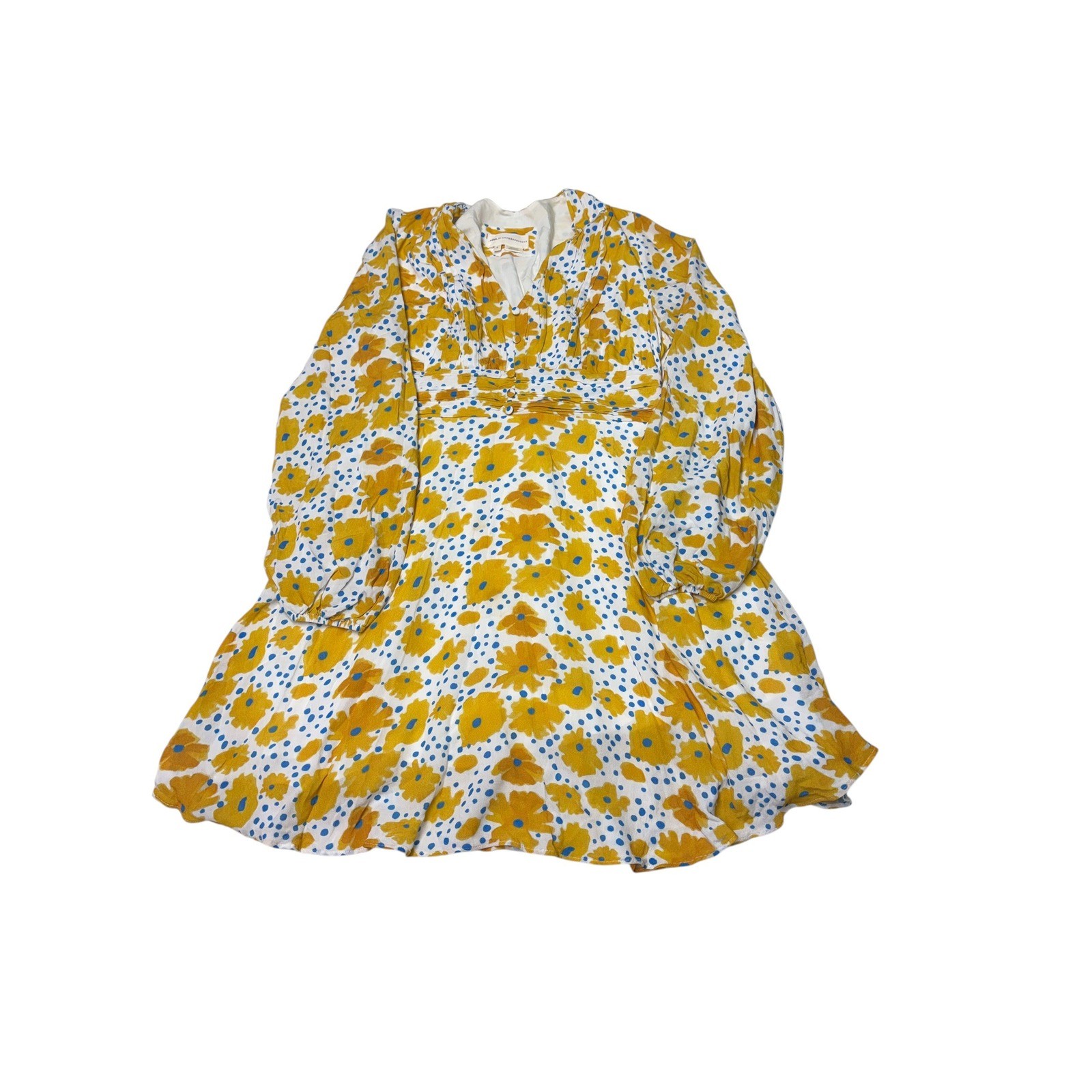 Una for Anthropologie Yellow Floral Polka Dot Mini Dress Smocked Waist Womens S
