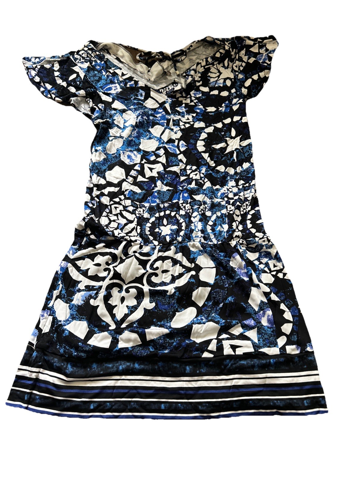 White House Black Market blue mosaic geometric knit drop waist dress Sz S