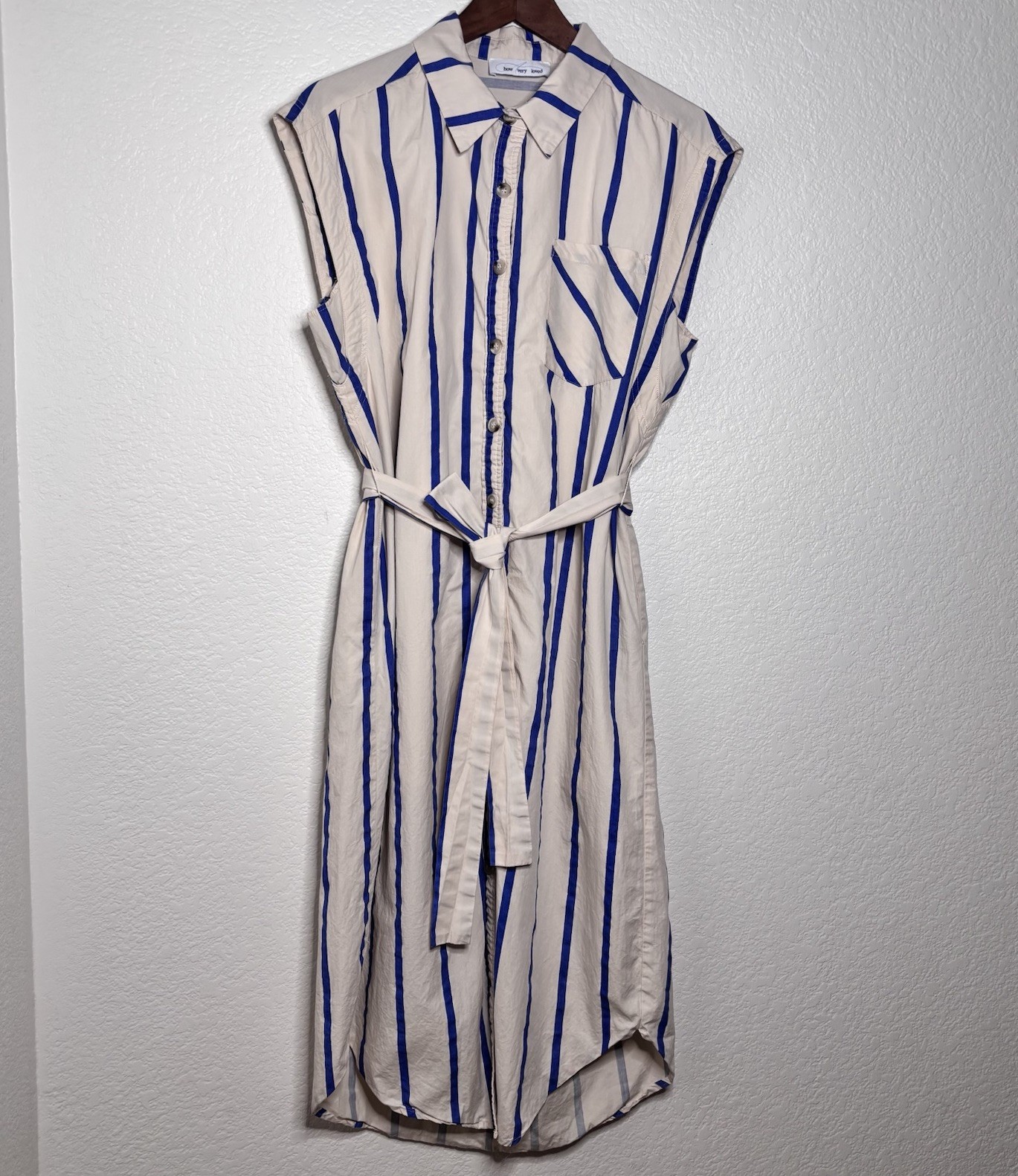 Blue White Striped Shirt Dress Medium Cotton Belted Midi Casual Coastal Chic