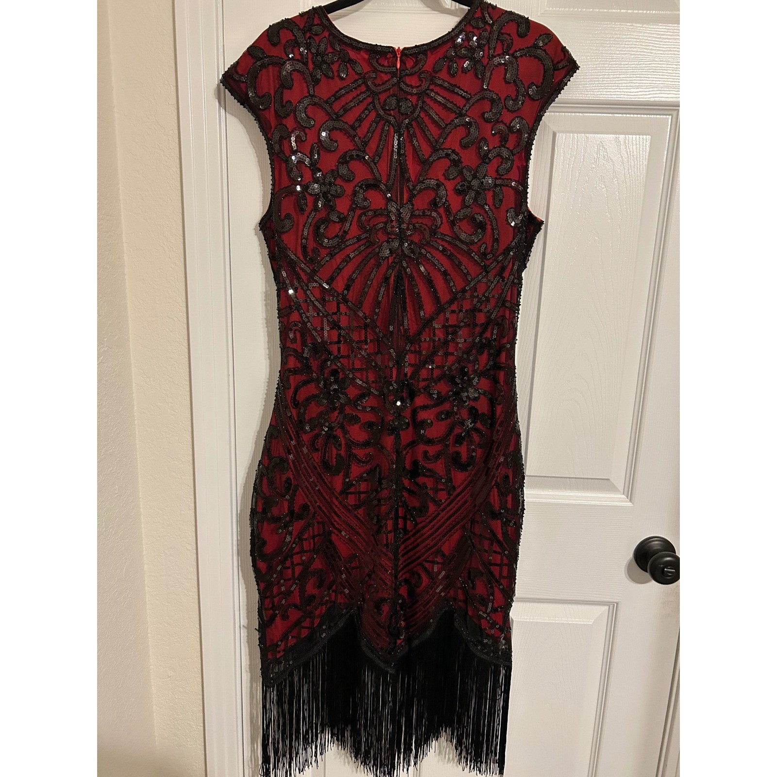 SWEETV Red Black Sequin Flapper Dress Gatsby Art Deco Fringe Cocktail Dress