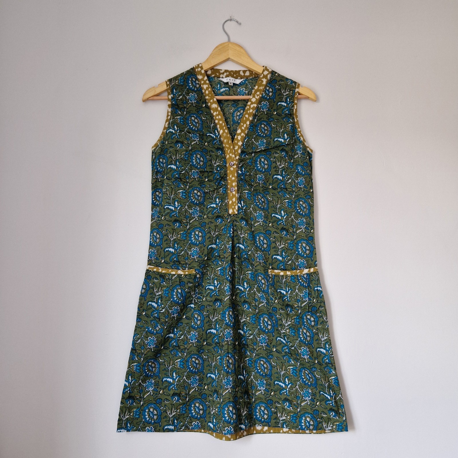 East Green Blue Floral Tunic Shift Summer Dress Size 8 Boho 100% Cotton Floral